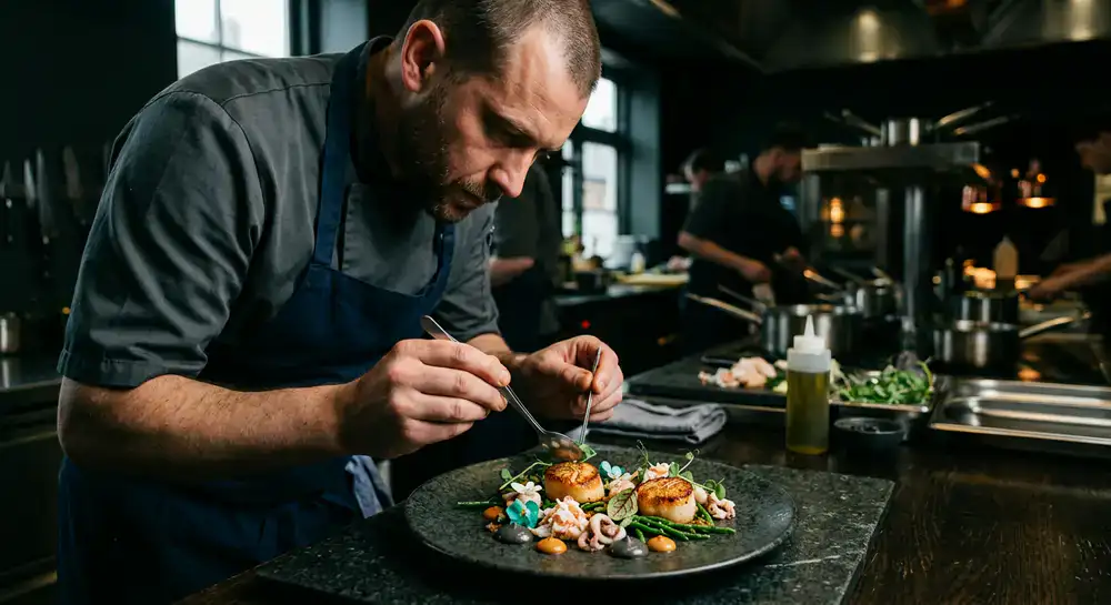 Chef carefully plating a seafood dish