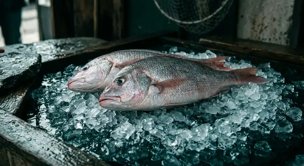 Fresh whole fish resting on ice