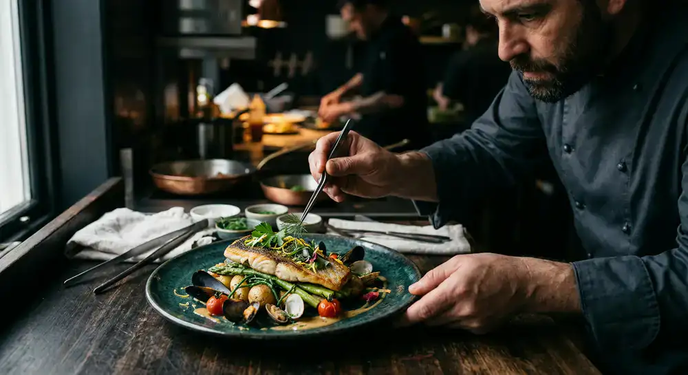Chef plating a fresh seafood dish