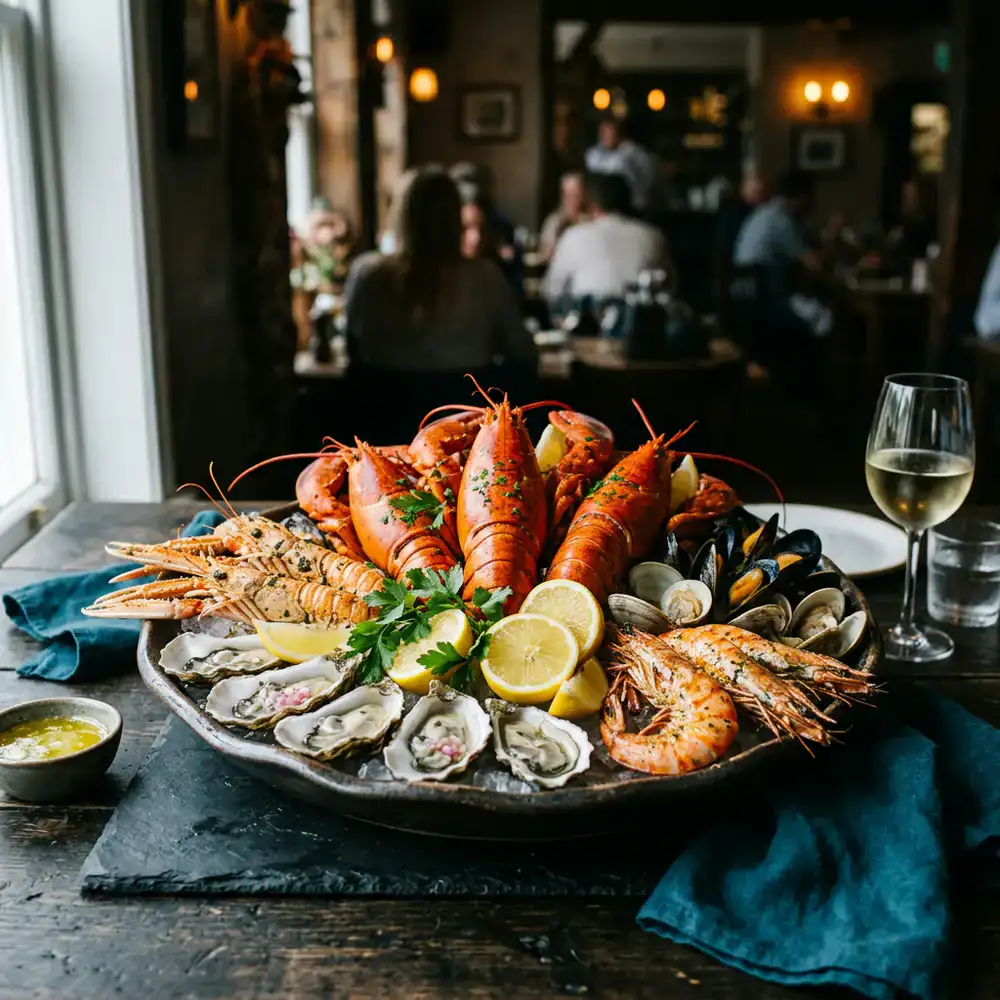 Freshly prepared seafood platter on a dark surface