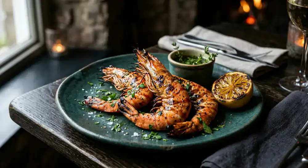 Wood-fired king prawns on a plate