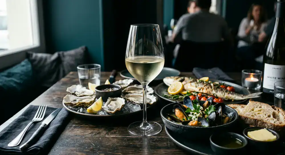 Crisp white wine pairing with fresh seafood