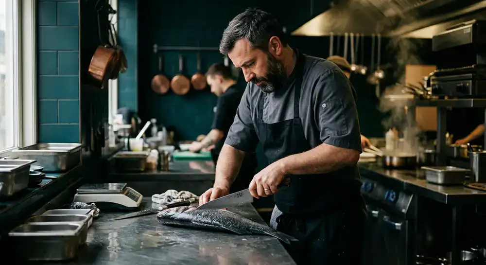 Head chef carefully preparing a fresh catch in the kitchen