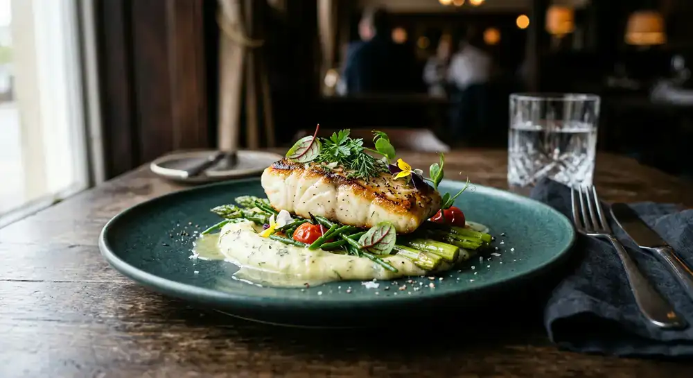 A perfectly plated signature seafood dish focusing on simple, elegant presentation